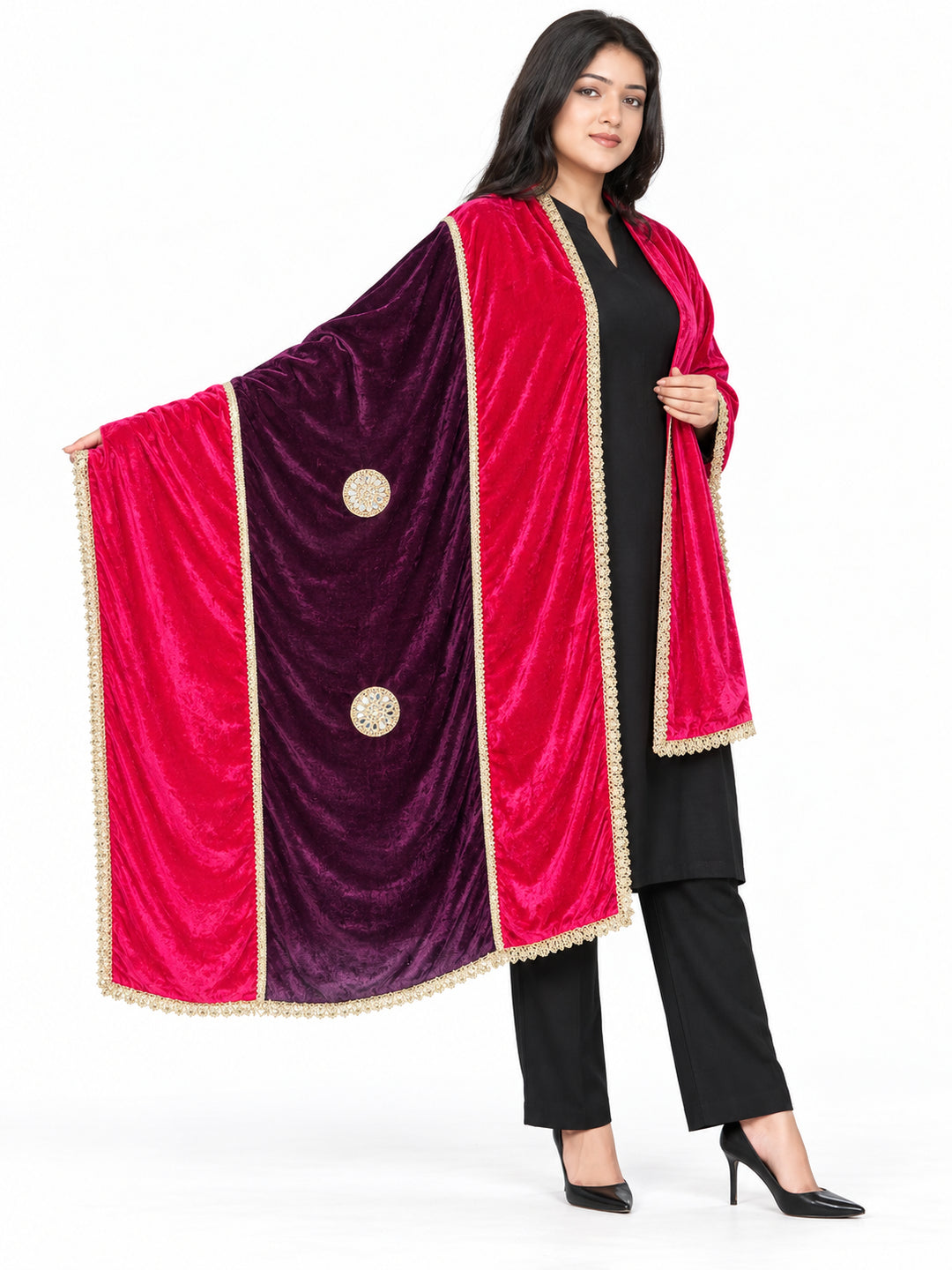 Pspeaches Women's Ethnic Magenta & Purple Solid Velvet Stole for Women