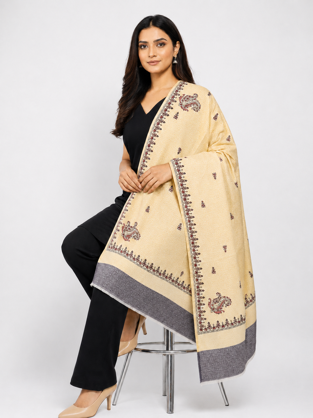 Pspeaches Women's Cream Rotto Printed Woolen Shawl