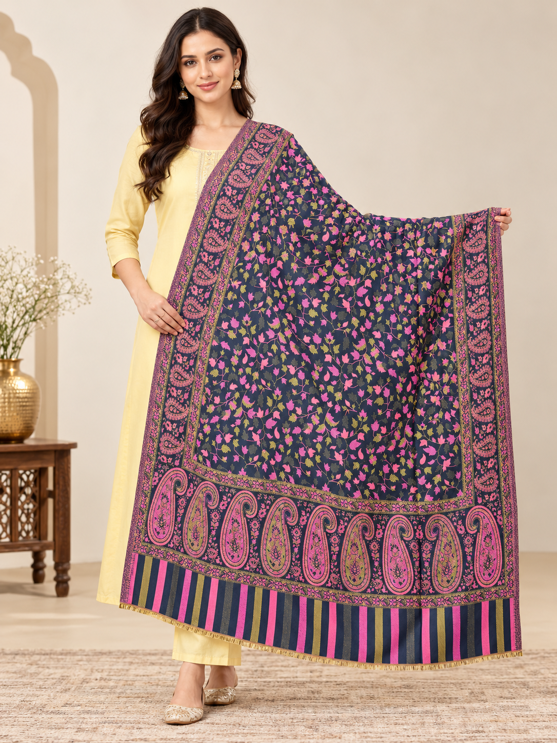 Pspeaches Women's Black & Pink Acrylic Kani Woolen Shawl