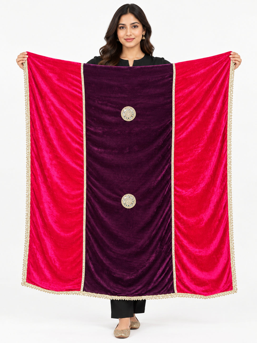 Pspeaches Women's Ethnic Magenta & Purple Solid Velvet Stole for Women