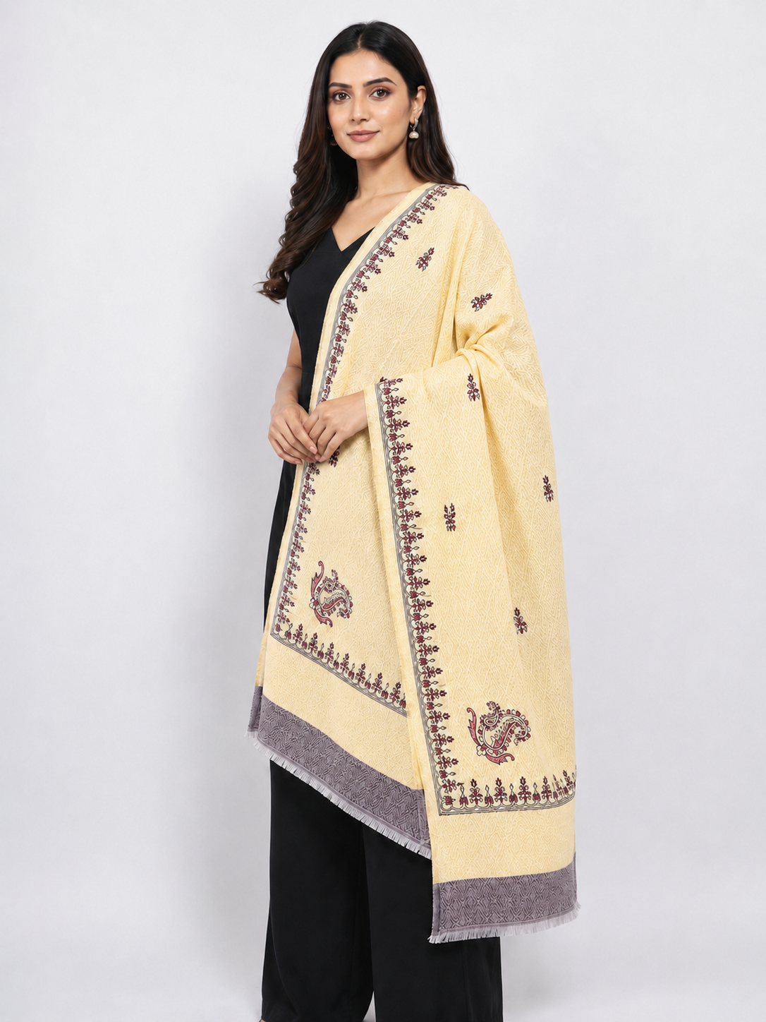 Pspeaches Women's Cream Rotto Printed Woolen Shawl