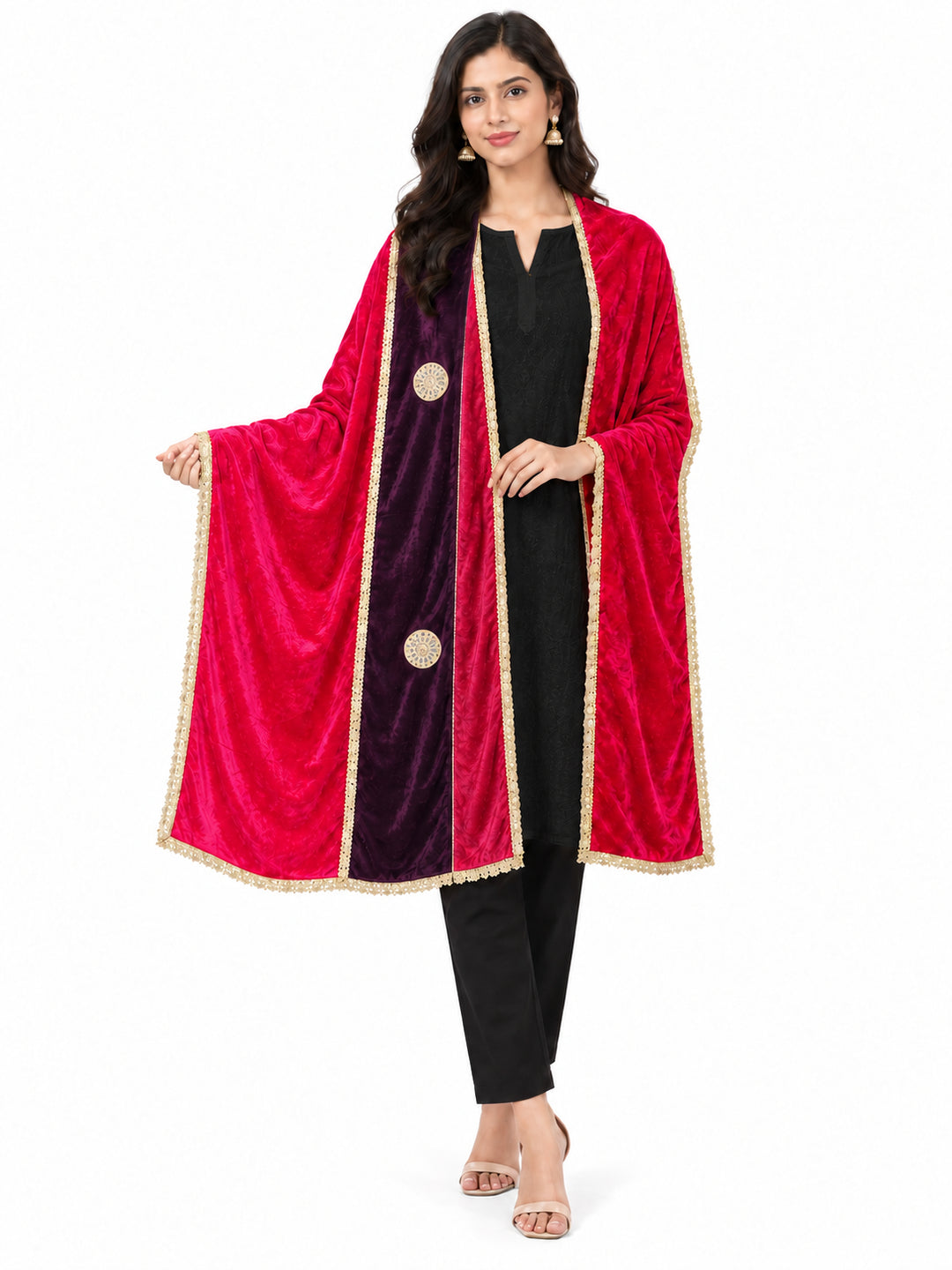 Pspeaches Women's Ethnic Magenta & Purple Solid Velvet Stole for Women