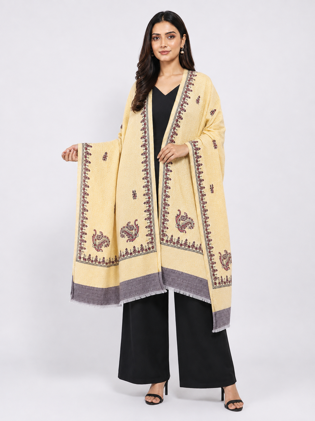 Pspeaches Women's Cream Rotto Printed Woolen Shawl