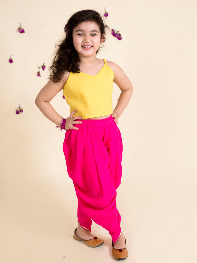 Girls Yellow Kurti With Dhoti Pants Jacket (Dh-Greenleheriya)