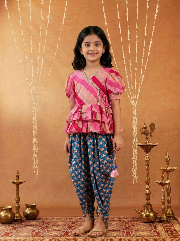 Pspeaches Girls Multi Ethnic Printed Kota Frill  leheriya Top With Dhoti Pant (Sku-Dh-Bluebootikota)