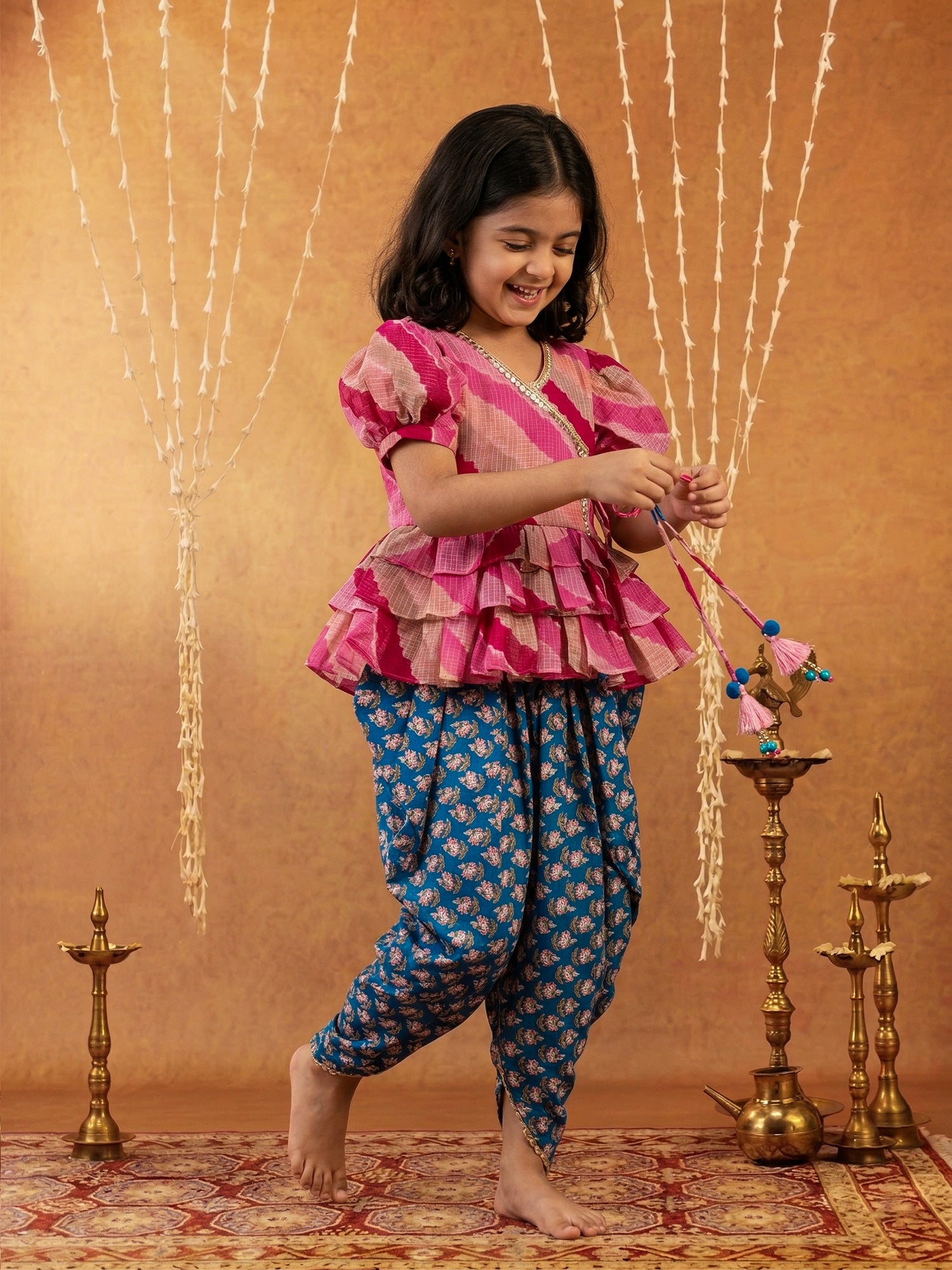 Pspeaches Girls Multi Ethnic Printed Kota Frill  leheriya Top With Dhoti Pant (Sku-Dh-Bluebootikota)