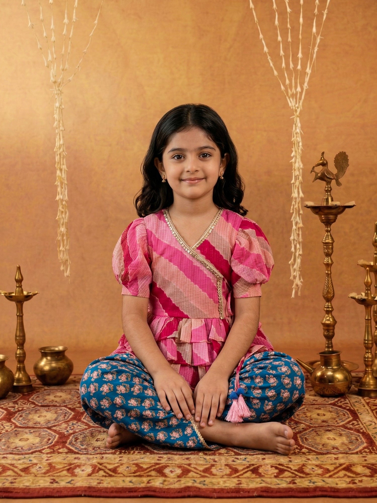 Pspeaches Girls Multi Ethnic Printed Kota Frill  leheriya Top With Dhoti Pant (Sku-Dh-Bluebootikota)