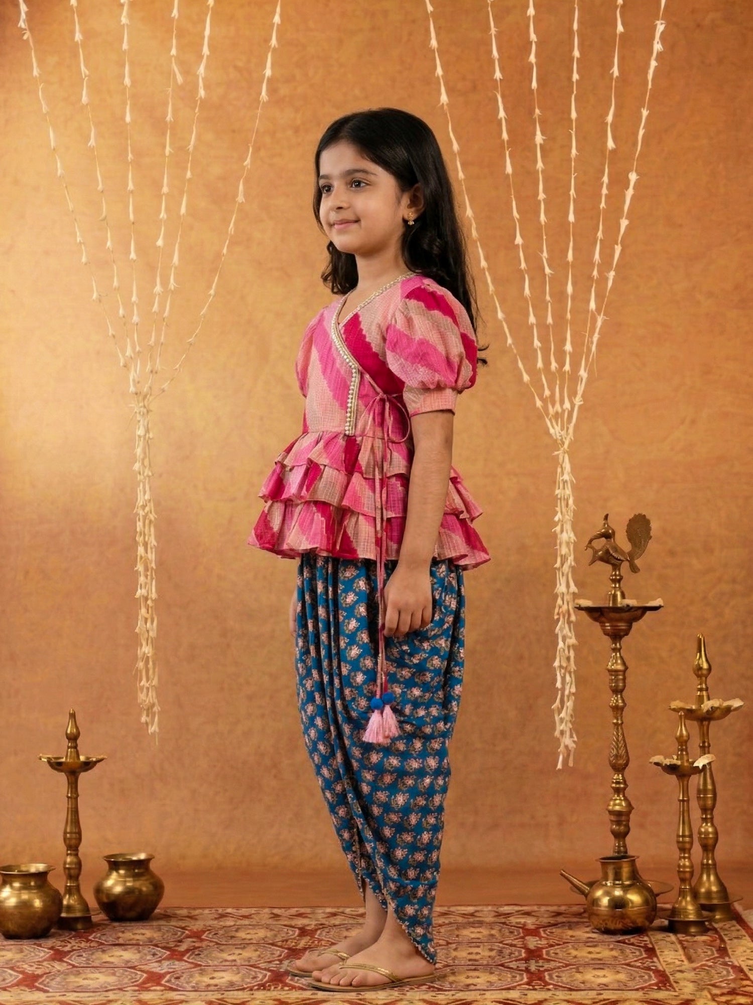 Pspeaches Girls Multi Ethnic Printed Kota Frill  leheriya Top With Dhoti Pant (Sku-Dh-Bluebootikota)