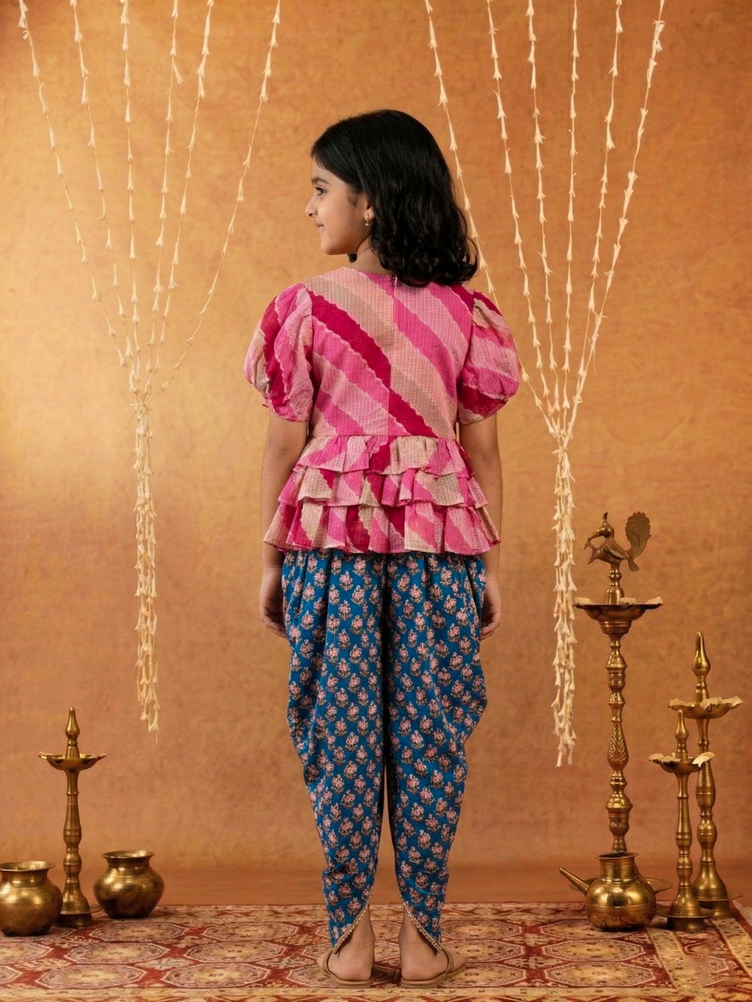 Pspeaches Girls Multi Ethnic Printed Kota Frill  leheriya Top With Dhoti Pant (Sku-Dh-Bluebootikota)