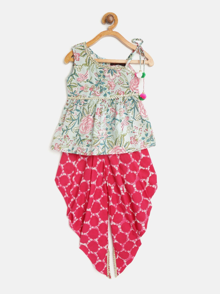 Girls Green & Pink Floral Print Kurti with Dhoti Pants (Dh-GreenJaal)