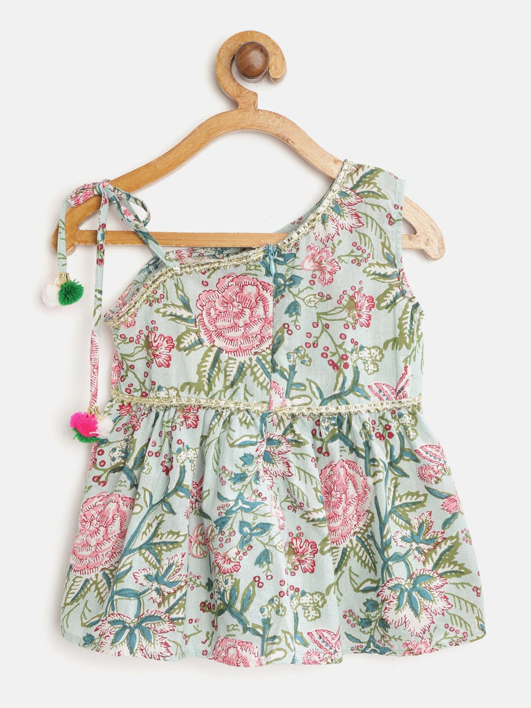 Girls Green & Pink Floral Print Kurti with Dhoti Pants (Dh-GreenJaal)