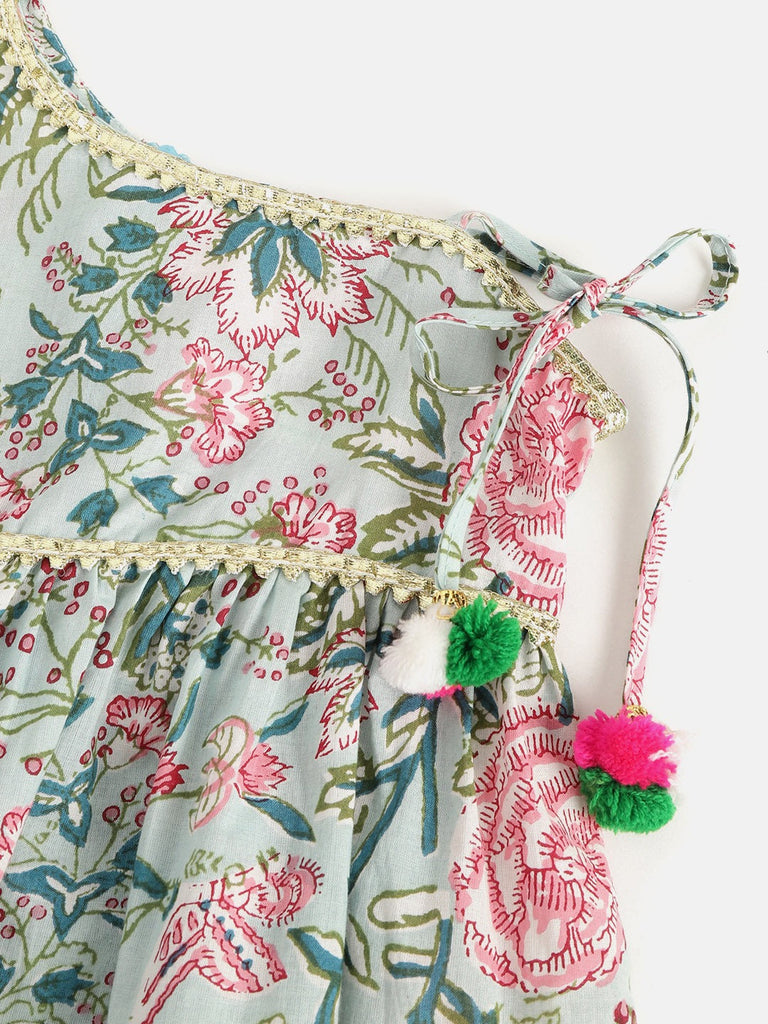 Girls Green & Pink Floral Print Kurti with Dhoti Pants (Dh-GreenJaal)