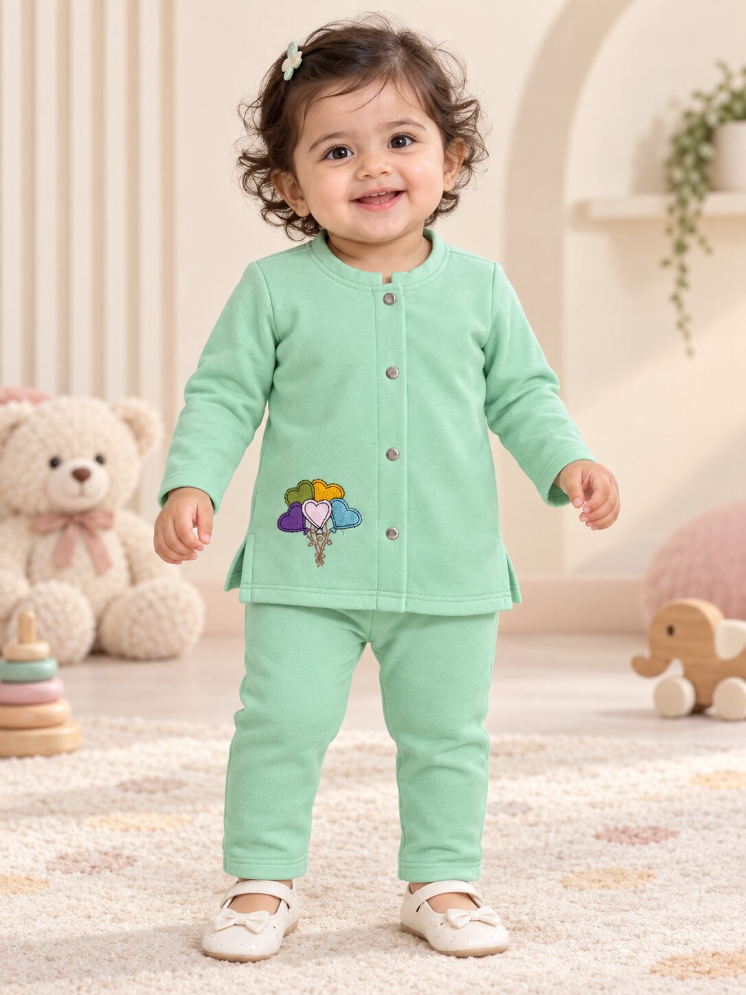 Pspeaches Baby Girls Western Turquoise Blue Cotton Rib Full Sleeves Round Neck Solid Embroidered Top with Pant 2 Piece Set ( Sku-Ing-S-Coordaquablue )