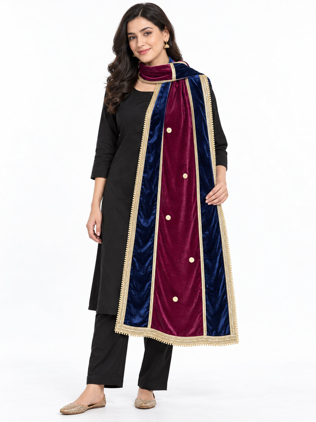 Pspeaches Women's Ethnic Magenta & Blue Solid Velvet Stole for Women