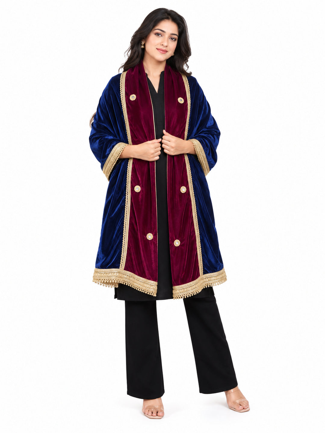 Pspeaches Women's Ethnic Magenta & Blue Solid Velvet Stole for Women