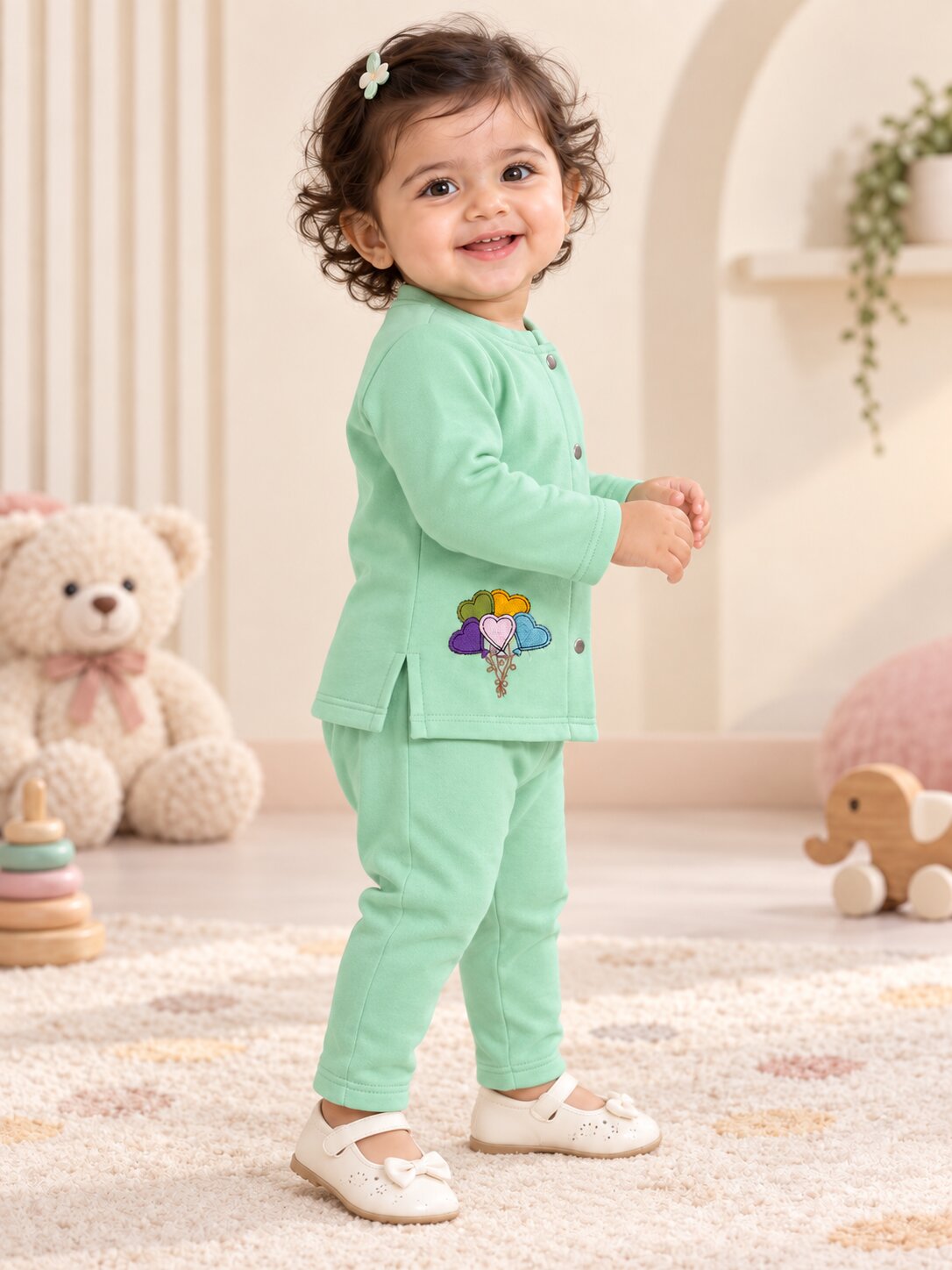 Pspeaches Baby Girls Western Turquoise Blue Cotton Rib Full Sleeves Round Neck Solid Embroidered Top with Pant 2 Piece Set ( Sku-Ing-S-Coordaquablue )