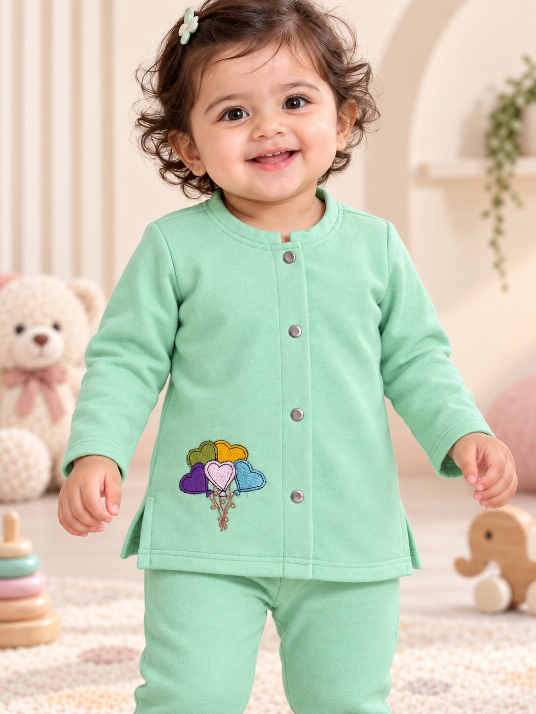Pspeaches Baby Girls Western Turquoise Blue Cotton Rib Full Sleeves Round Neck Solid Embroidered Top with Pant 2 Piece Set ( Sku-Ing-S-Coordaquablue )