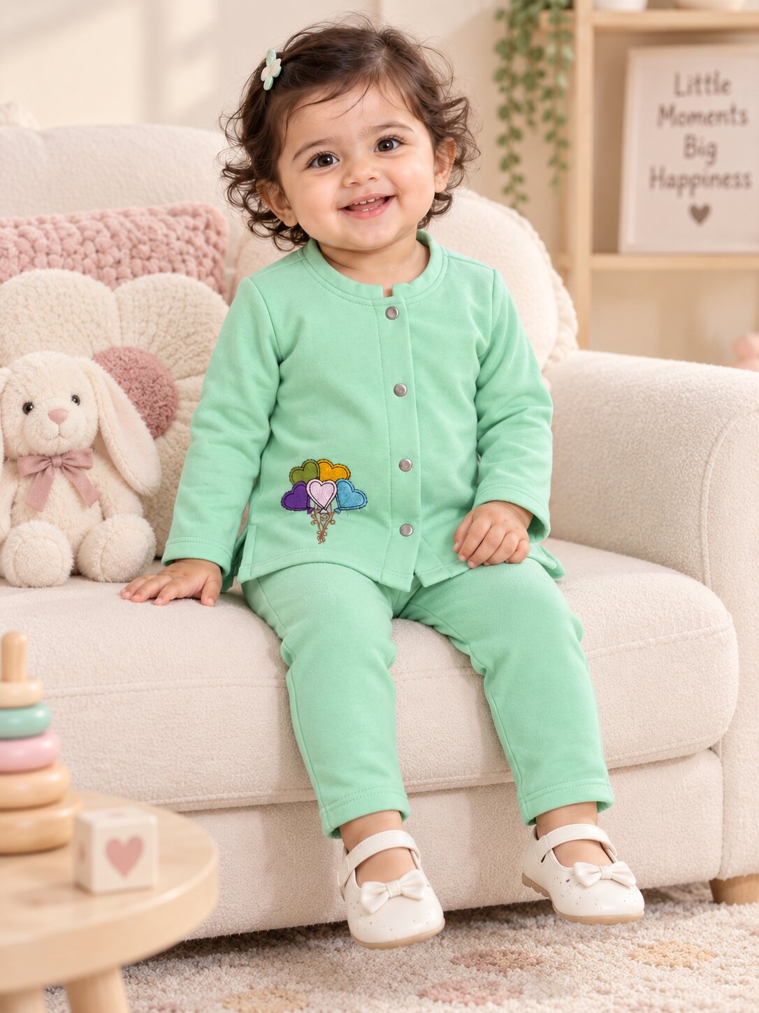 Pspeaches Baby Girls Western Turquoise Blue Cotton Rib Full Sleeves Round Neck Solid Embroidered Top with Pant 2 Piece Set ( Sku-Ing-S-Coordaquablue )