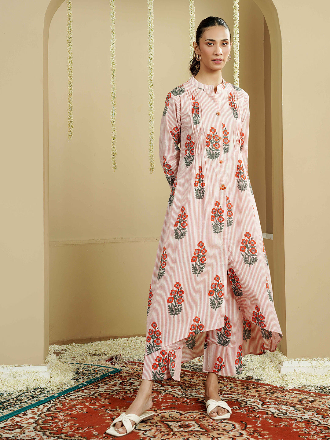 Floral Striped Pintuck Detailing Cotton Kurta set