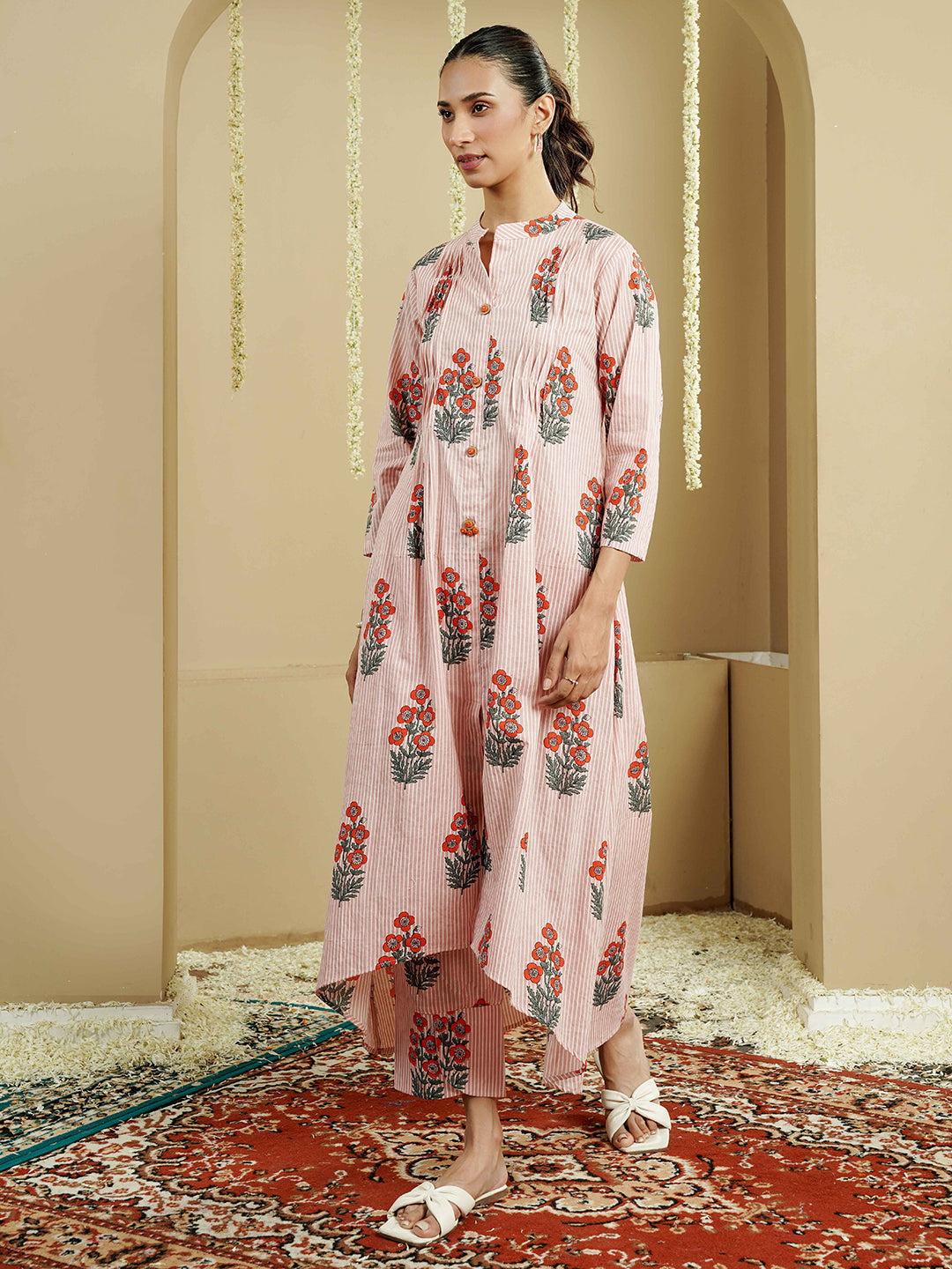 Floral Striped Pintuck Detailing Cotton Kurta set