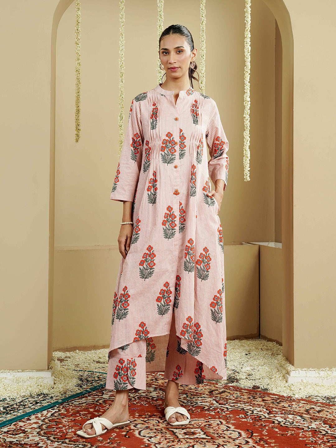 Floral Striped Pintuck Detailing Cotton Kurta set