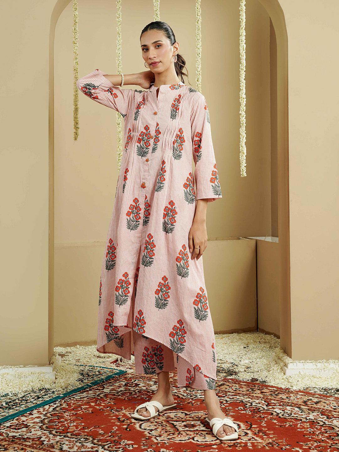 Floral Striped Pintuck Detailing Cotton Kurta set
