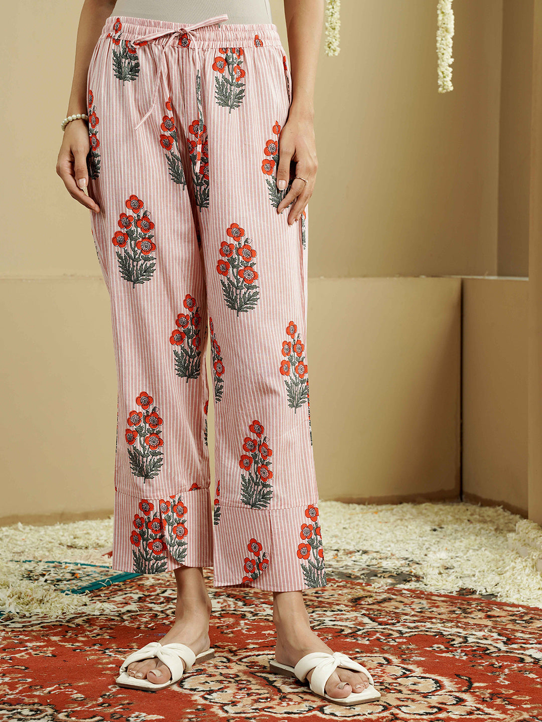 Floral Striped Pintuck Detailing Cotton Kurta set