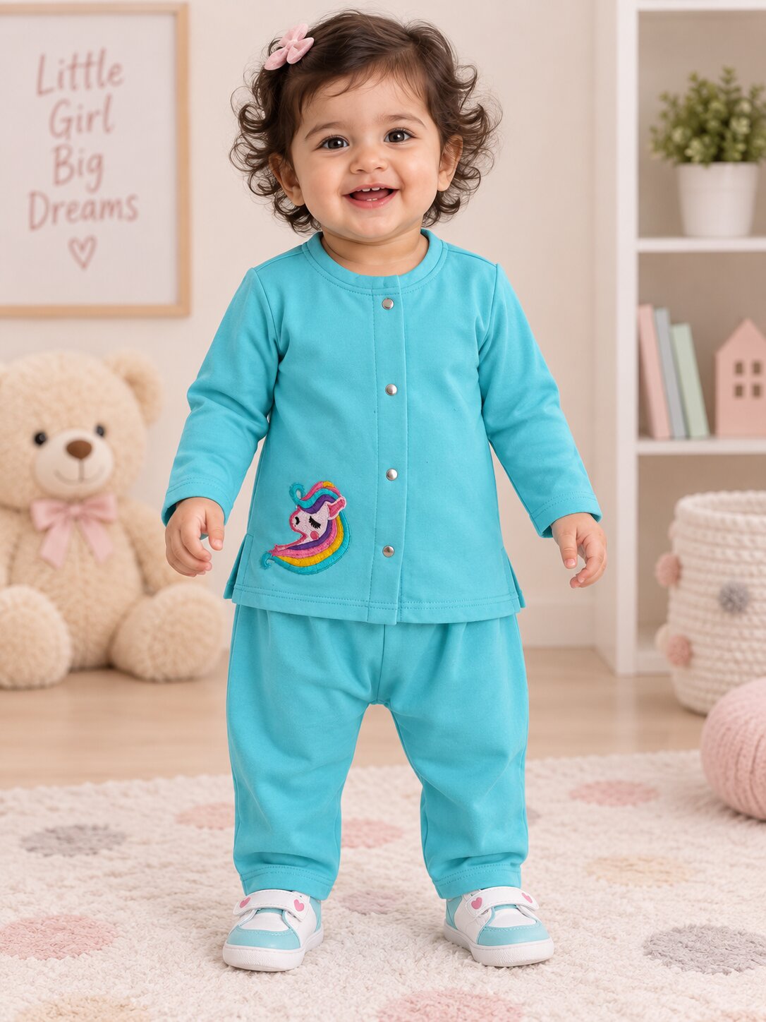 Pspeaches Baby Girls Western Blue Cotton Rib Full Sleeves Round Neck Solid Embroidered Top with Pant 2 Piece Set ( Sku-Ing-S-Coordblue )