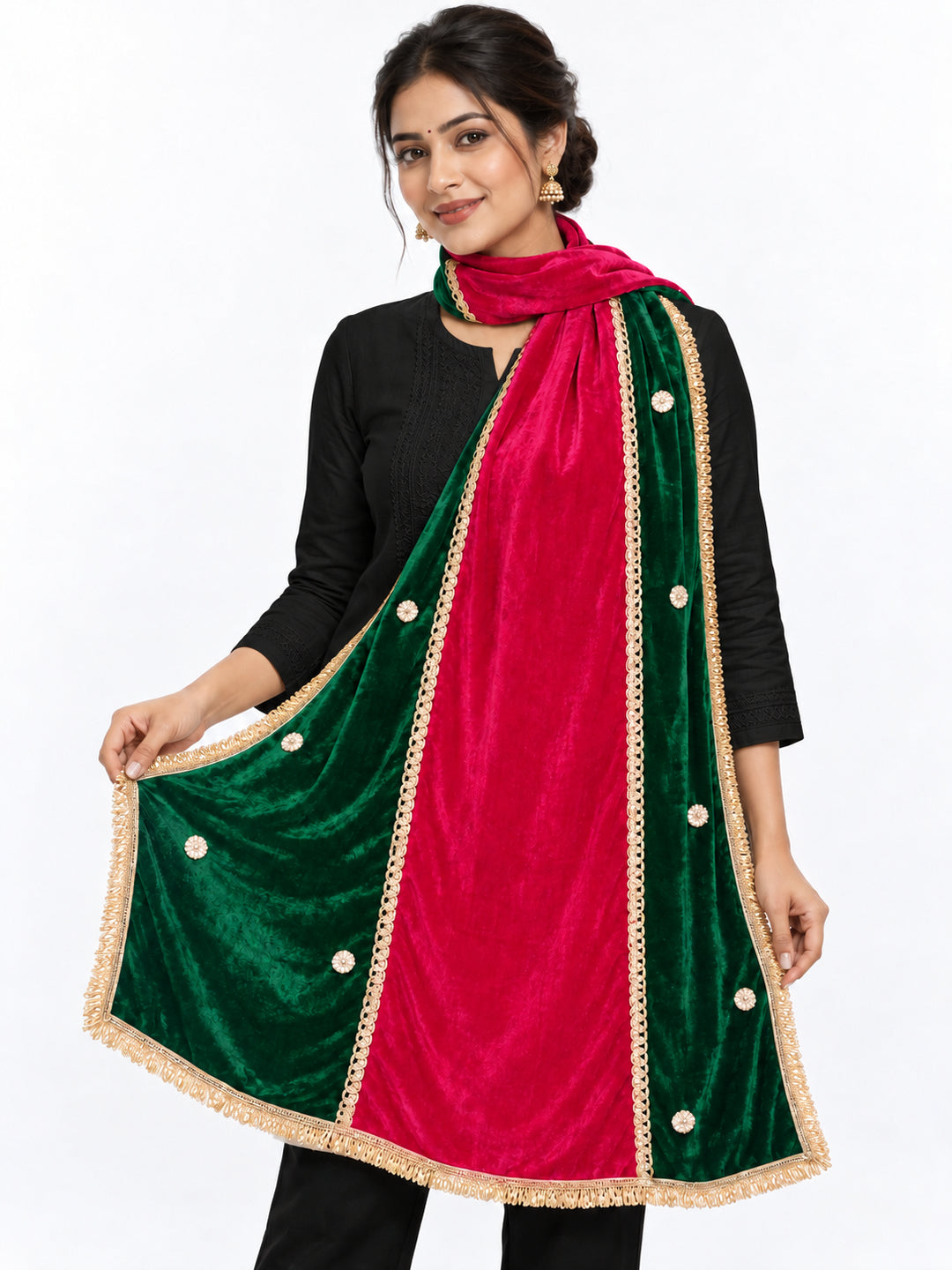 Pspeaches Women's Ethnic Magenta & Green Solid Velvet Stole for Women