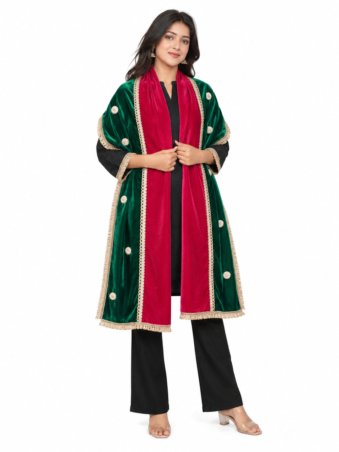 Pspeaches Women's Ethnic Magenta & Green Solid Velvet Stole for Women