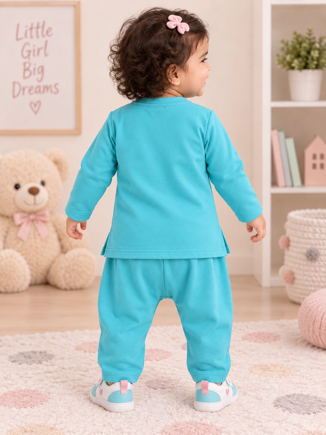Pspeaches Baby Girls Western Blue Cotton Rib Full Sleeves Round Neck Solid Embroidered Top with Pant 2 Piece Set ( Sku-Ing-S-Coordblue )