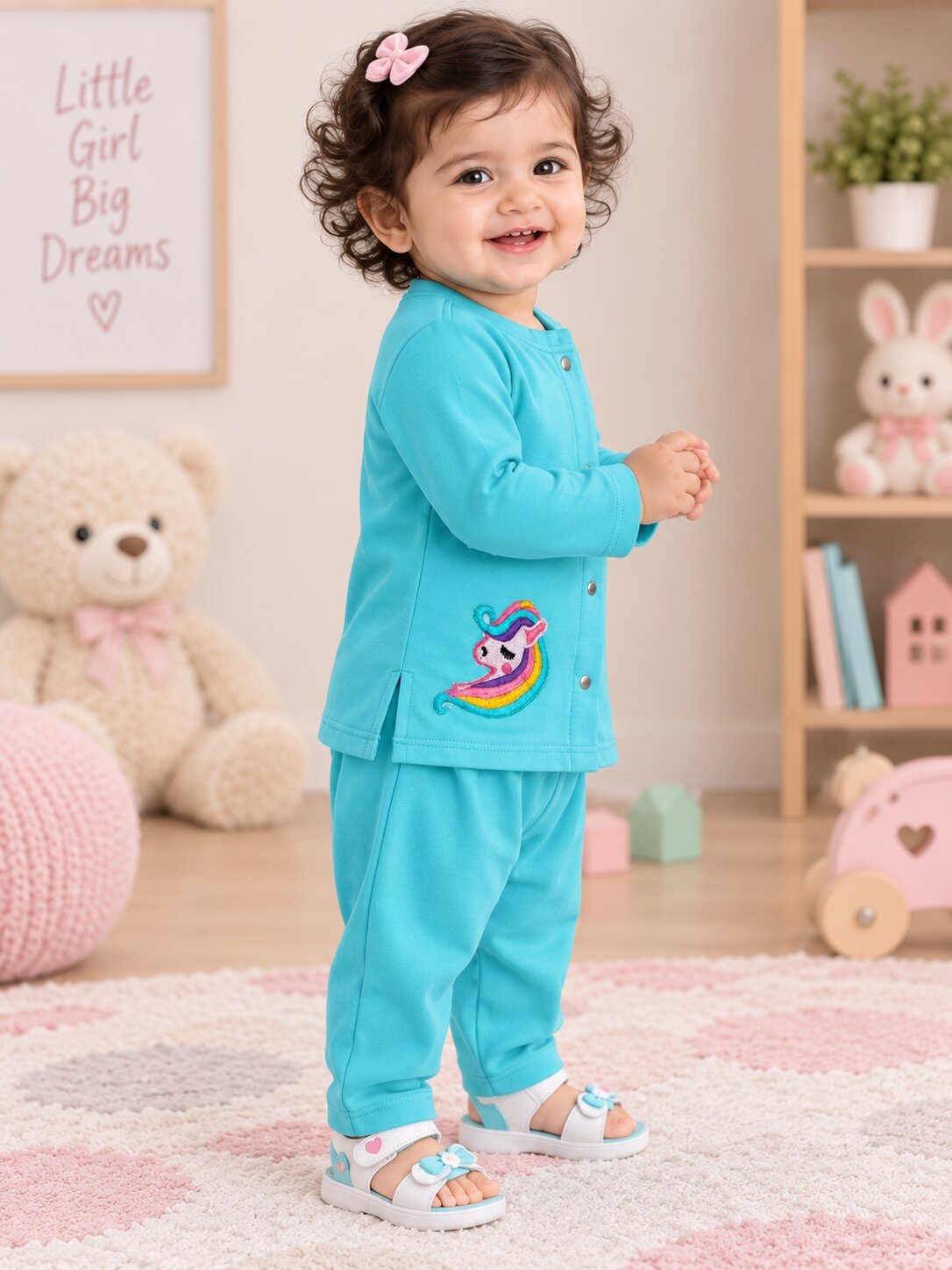 Pspeaches Baby Girls Western Blue Cotton Rib Full Sleeves Round Neck Solid Embroidered Top with Pant 2 Piece Set ( Sku-Ing-S-Coordblue )