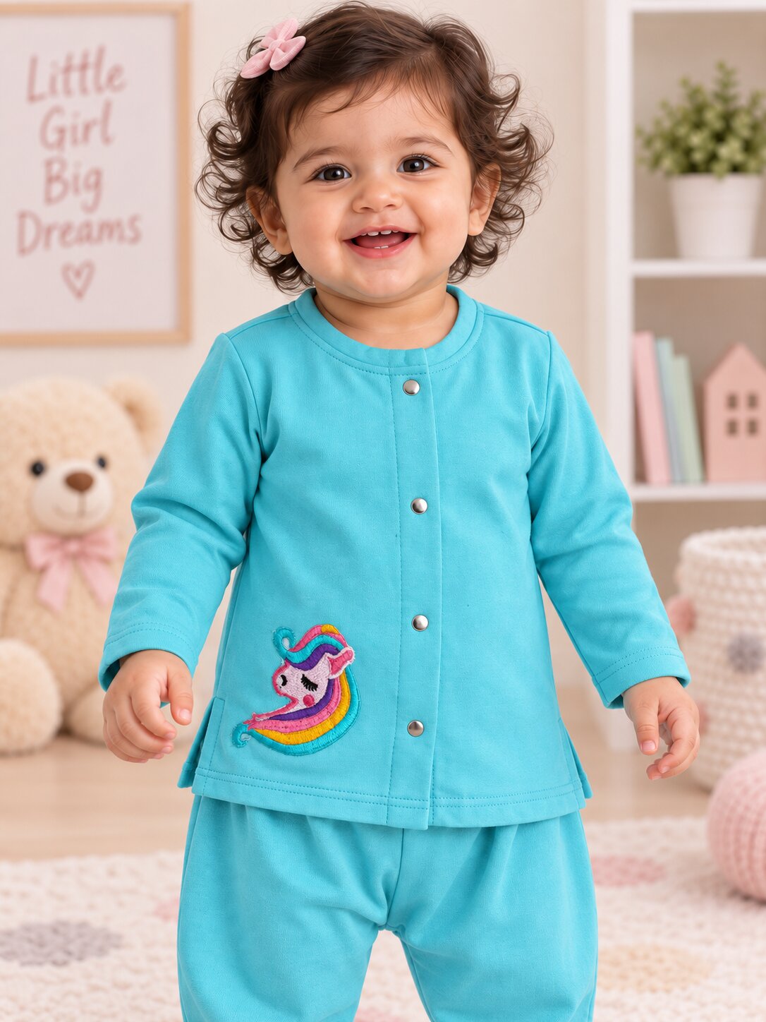 Pspeaches Baby Girls Western Blue Cotton Rib Full Sleeves Round Neck Solid Embroidered Top with Pant 2 Piece Set ( Sku-Ing-S-Coordblue )