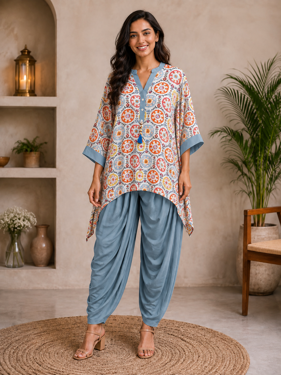 Women’s Grey Multicolor Floral Kaftaan Top