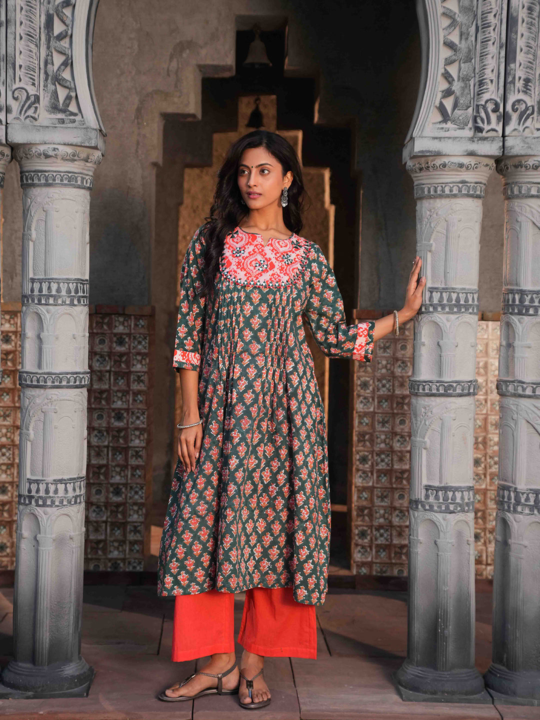 Green Block Printed Embroidered Cotton Kurta Set