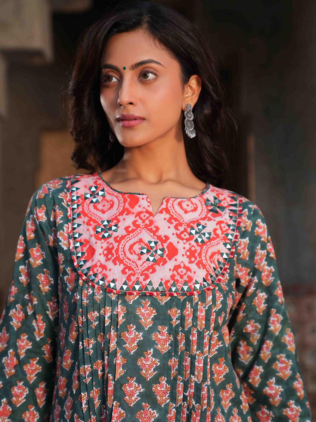 Green Block Printed Embroidered Cotton Kurta