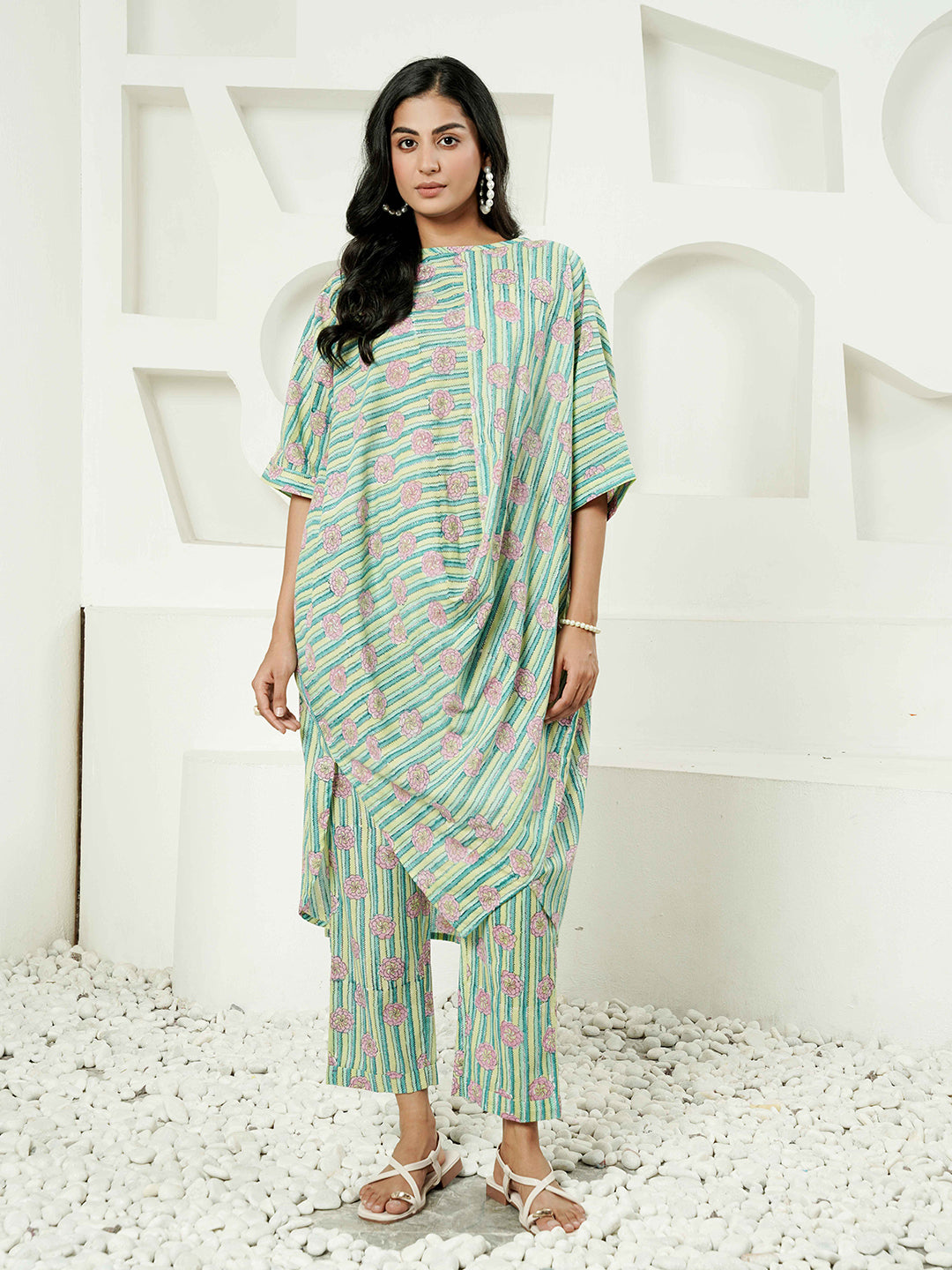 Green Stripped Printed Cotton Kurta Set