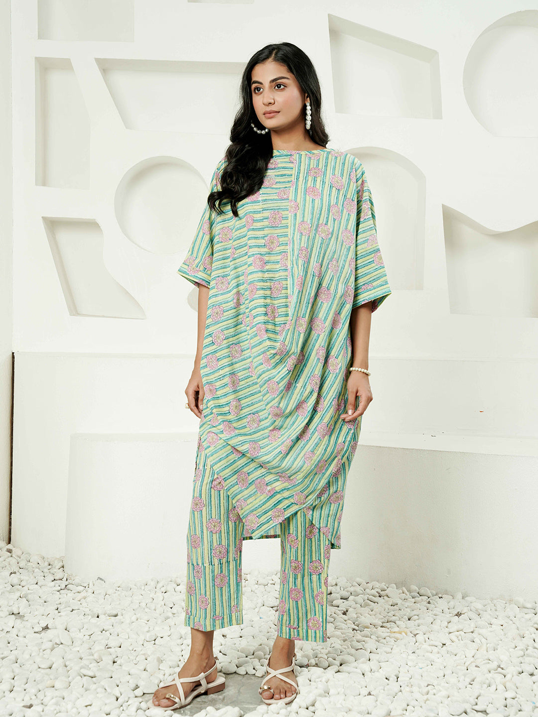 Green Stripped Printed Cotton Kurta Set