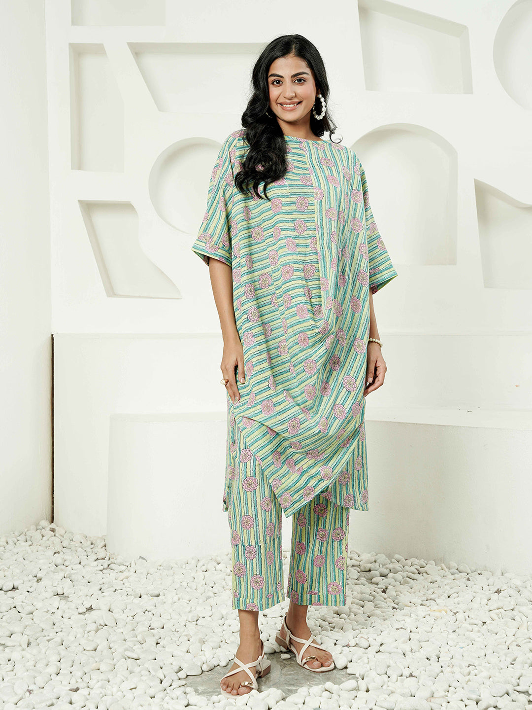 Green Stripped Printed Cotton Kurta Set