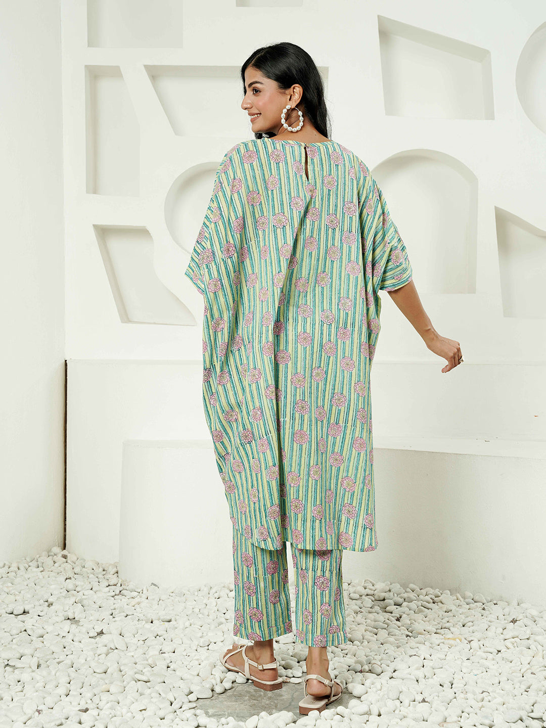 Green Stripped Printed Cotton Kurta Set