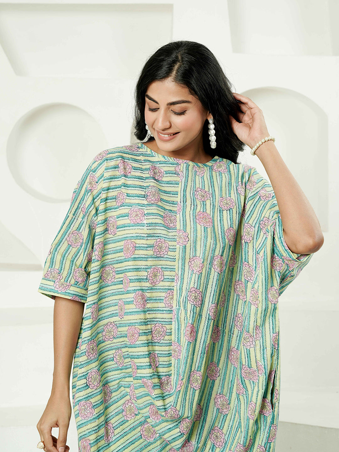 Green Stripped Printed Cotton Kurta Set
