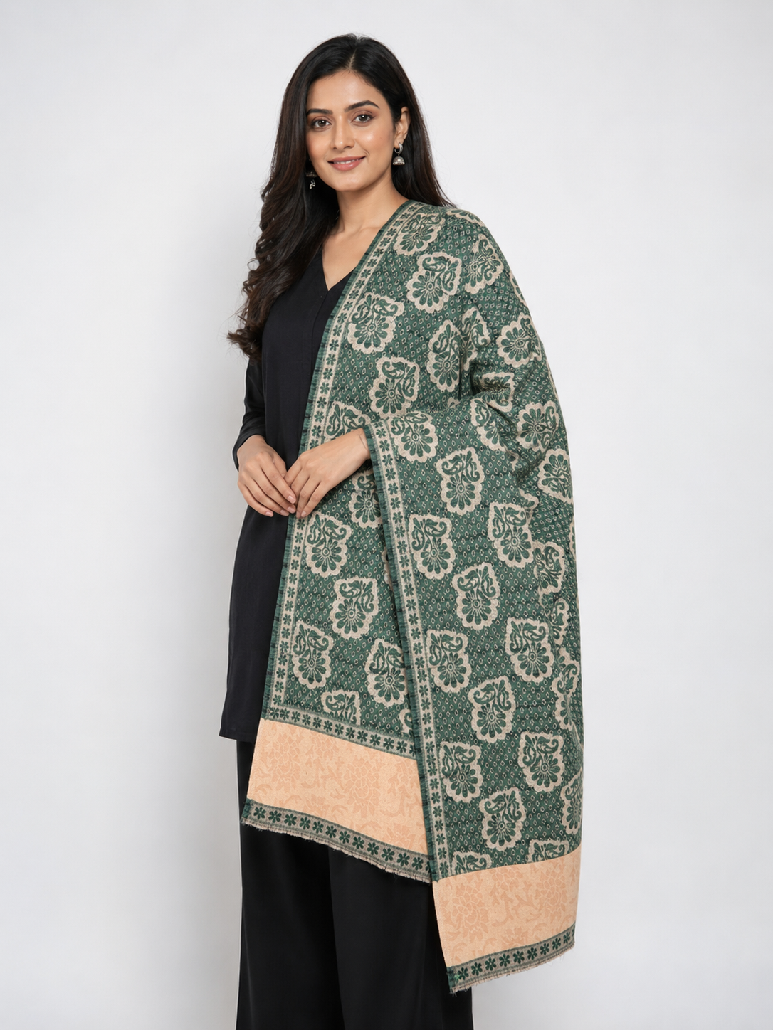 Pspeaches Women's Green Acrylic Raised Floral Woolen Shawl