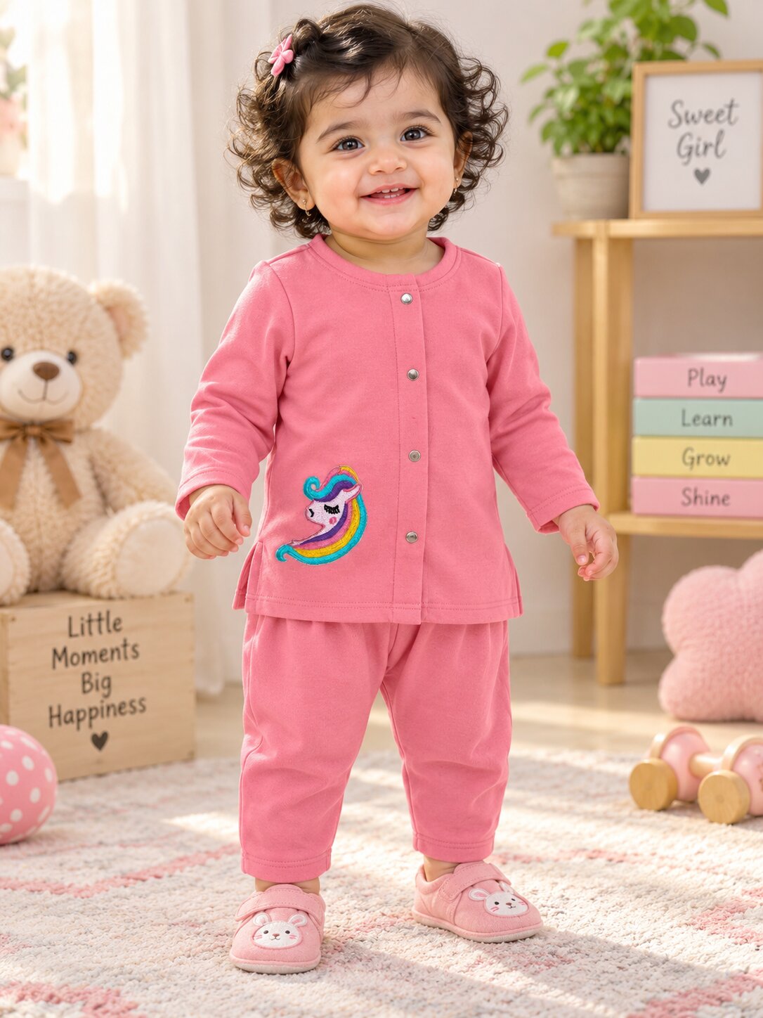 Pspeaches Baby Girls Western Pink Cotton Rib Full Sleeves Round Neck Solid Embroidered Top with Pant 2 Piece Set ( Sku-Ing-S-Coordpink )