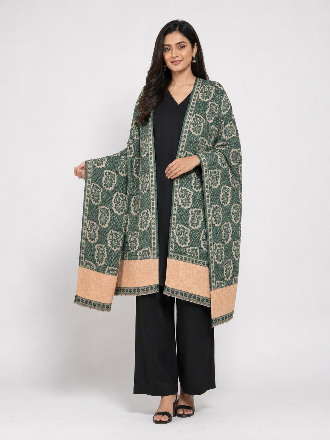 Pspeaches Women's Green Acrylic Raised Floral Woolen Shawl