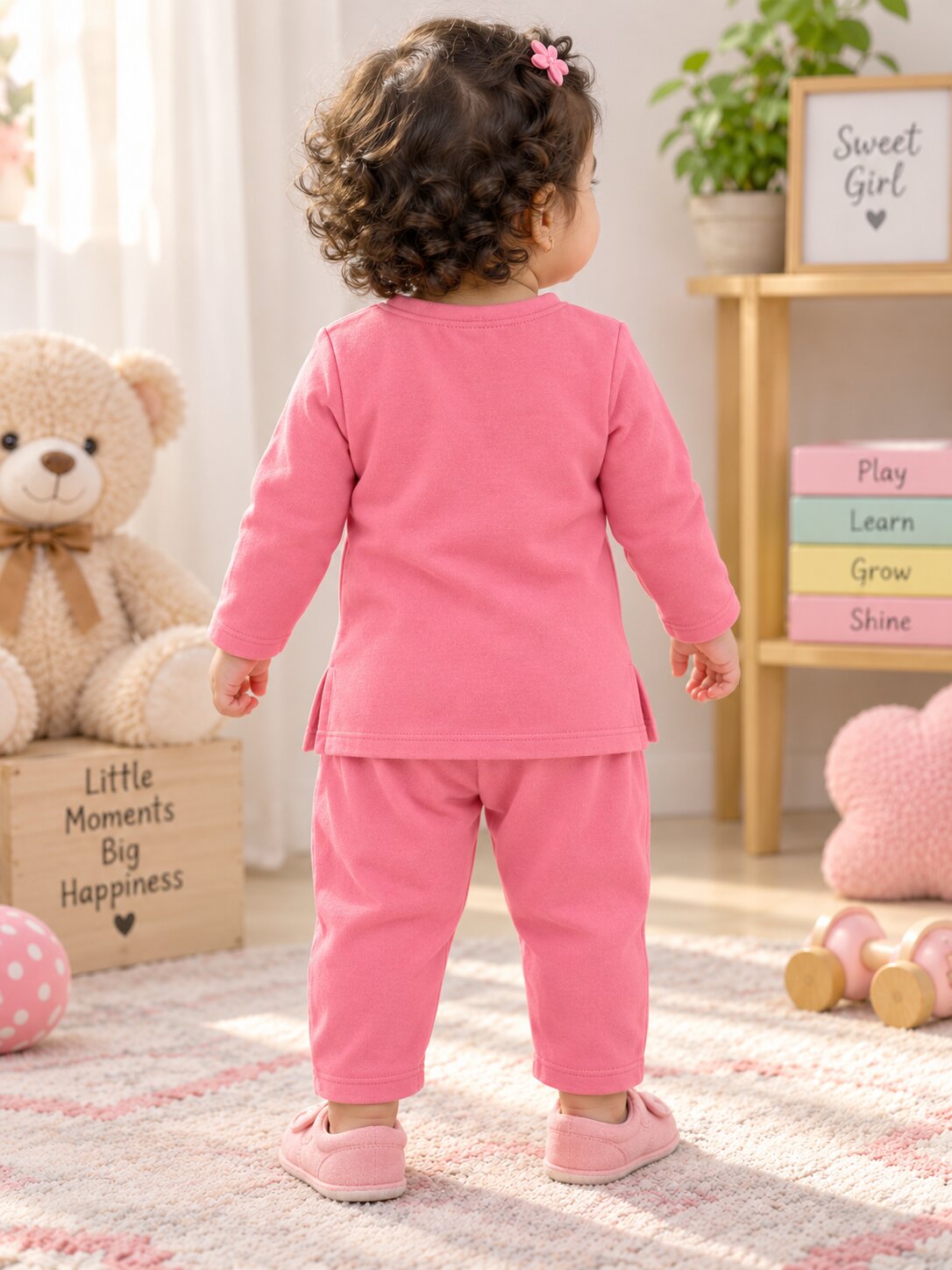 Pspeaches Baby Girls Western Pink Cotton Rib Full Sleeves Round Neck Solid Embroidered Top with Pant 2 Piece Set ( Sku-Ing-S-Coordpink )