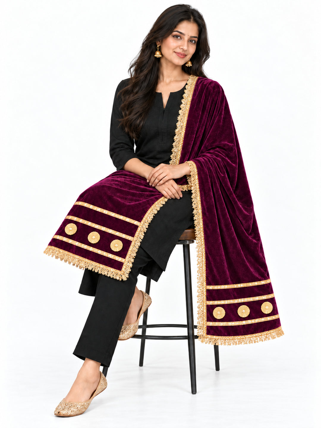 Pspeaches Women's Ethnic Magenta Solid Velvet Stole for Women