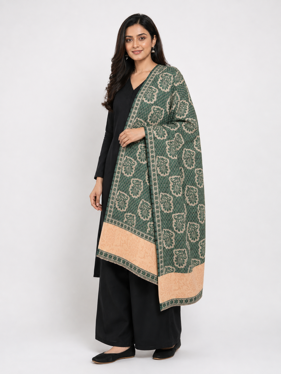 Pspeaches Women's Green Acrylic Raised Floral Woolen Shawl