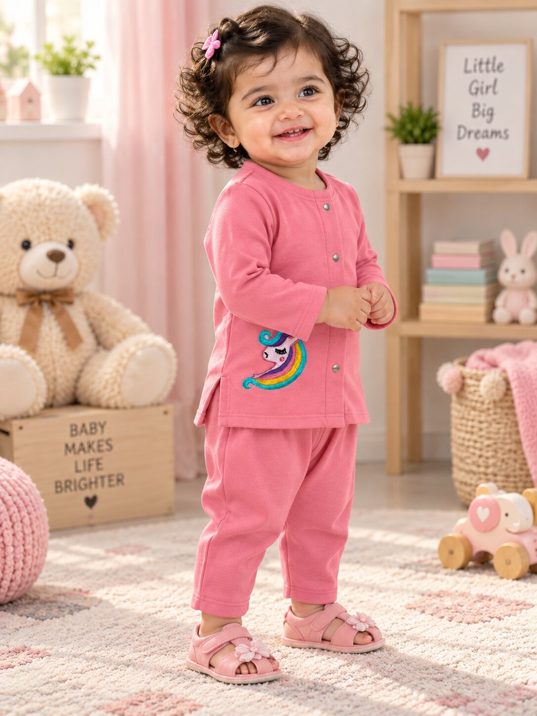 Pspeaches Baby Girls Western Pink Cotton Rib Full Sleeves Round Neck Solid Embroidered Top with Pant 2 Piece Set ( Sku-Ing-S-Coordpink )