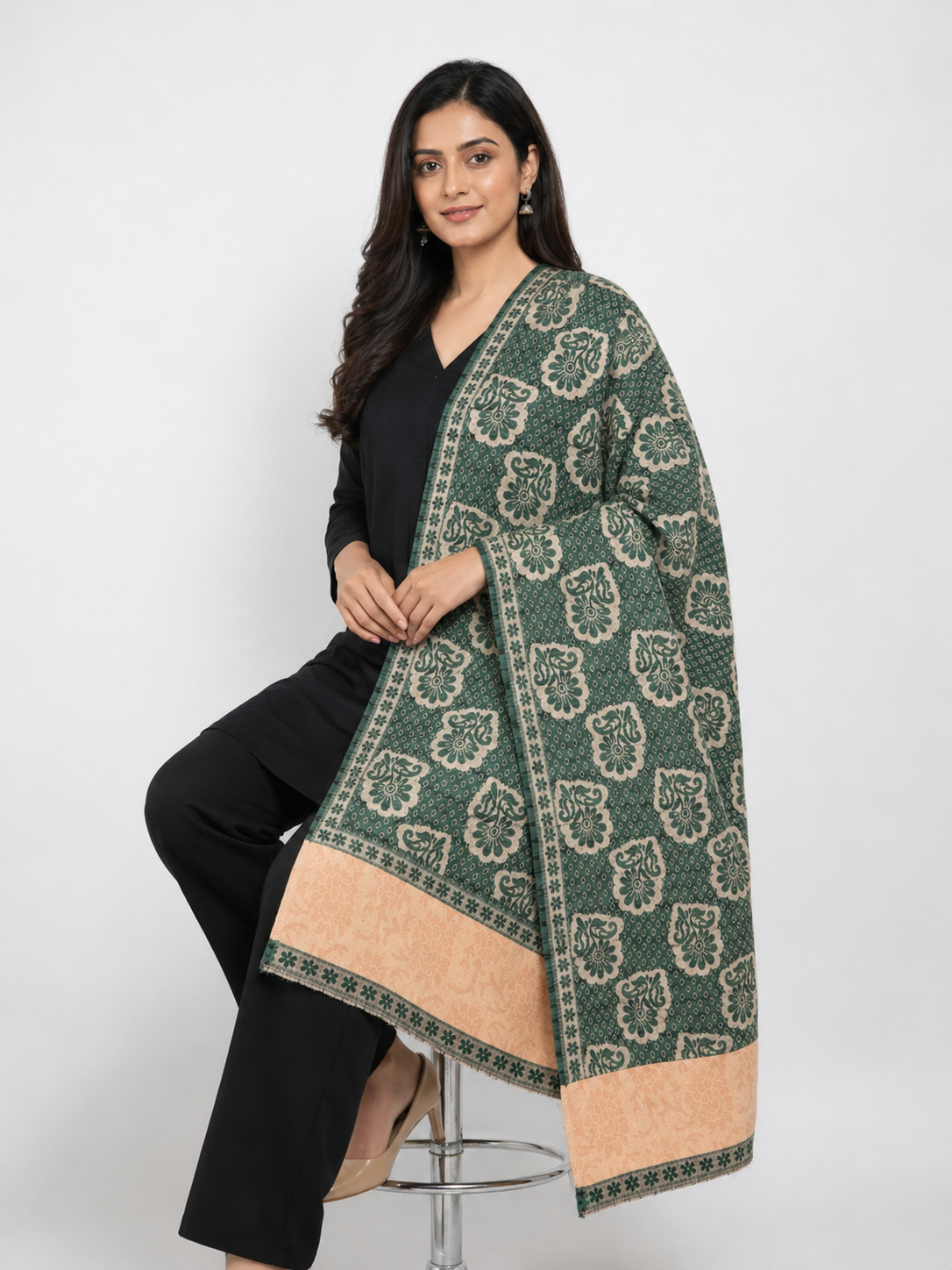 Pspeaches Women's Green Acrylic Raised Floral Woolen Shawl