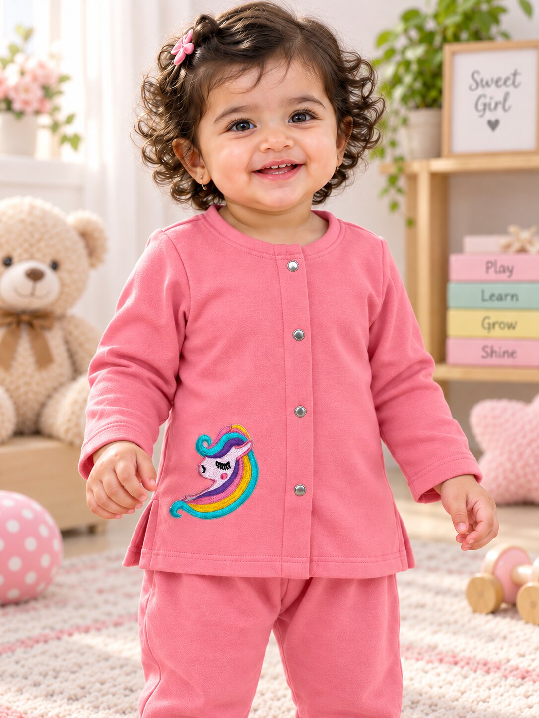 Pspeaches Baby Girls Western Pink Cotton Rib Full Sleeves Round Neck Solid Embroidered Top with Pant 2 Piece Set ( Sku-Ing-S-Coordpink )